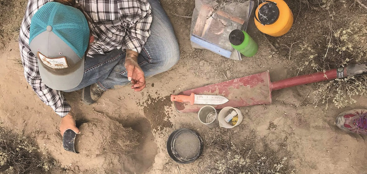 Jamie verifying the soil type with a collection of tools around her