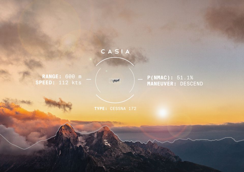 Image of a flying airplane as it is seen through Casia, the collision-avoidance system