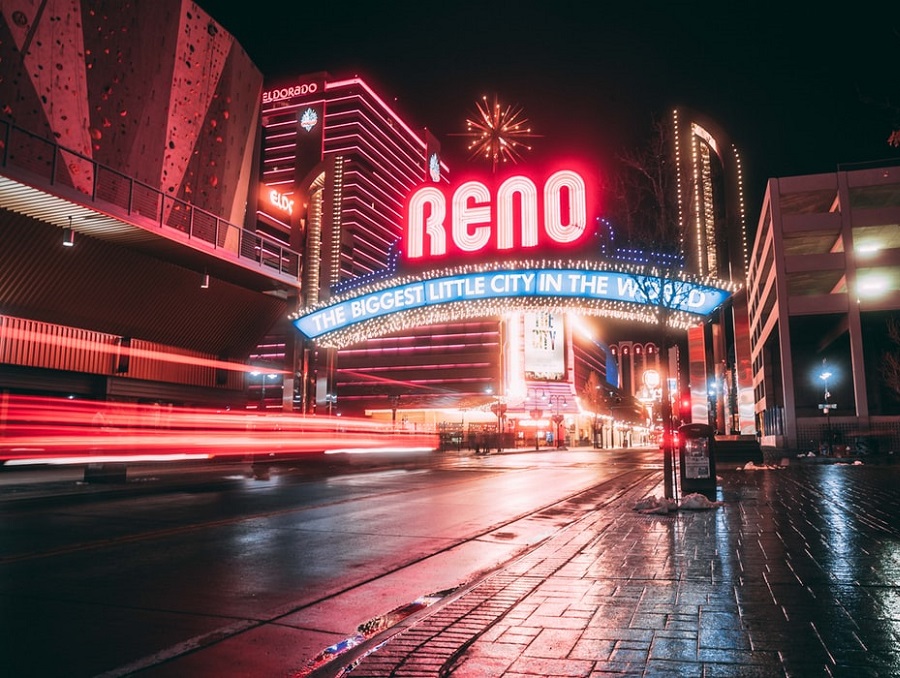 The Reno Arch downtown lit up at night