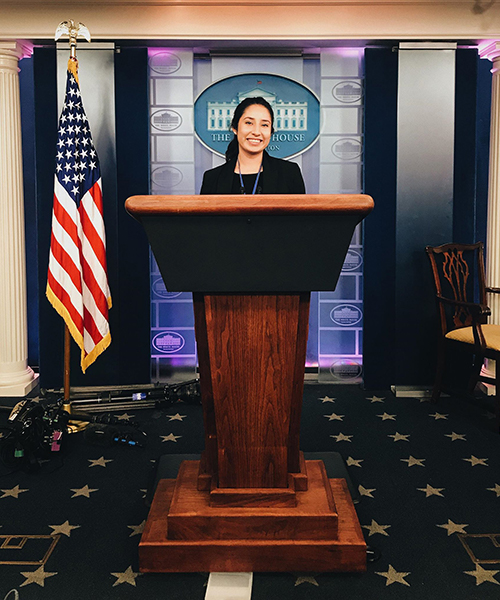 A student stands at the podium in the White House press room.