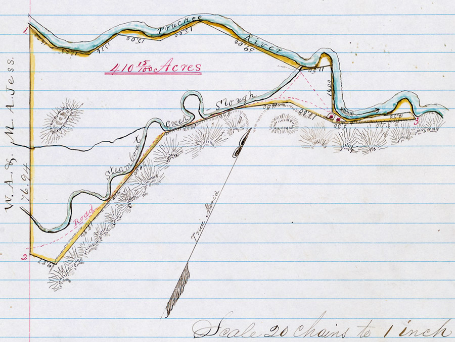 A hand-drawn plat of a survey on lined paper that contains a colored sketch of the Truckee River and Steamboat Creek - Slough in 410 15/100 acres. 