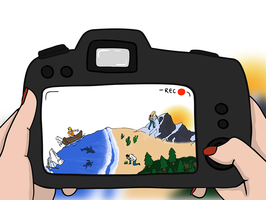 Woman holding a camera taking a photo of people on water and land