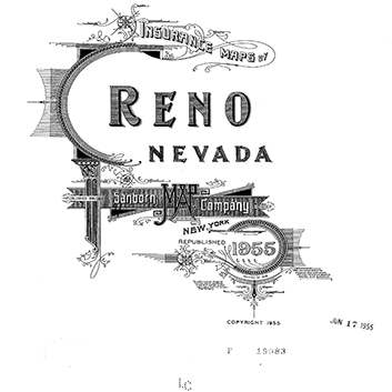 A black and white logo of the 1955 republished Insurance Maps of Reno, Nevada from the New York Sanborn Map Company.