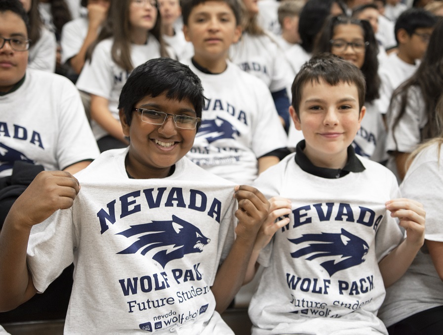 Two Clayton Students show off their new Nevada Wolf Pack Future Students Shirts