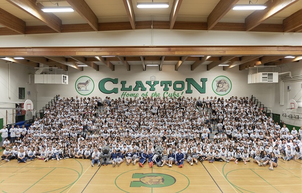 The entire group of clayton students as well as the cheerleaders from UNR and the mascots