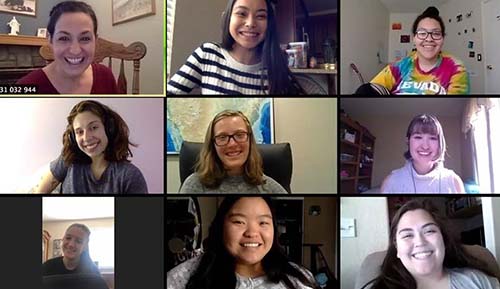 Desilets attending virtual voice studio class. Pictured Top: Dr. Olga Flora, Adriana Bravo, Gabrielle Staples. Middle: Desilets, Adalynn Colton, Kaspar Young. Bottom: Taytem Mccluney, Kimberly Li, Lillian Salter.