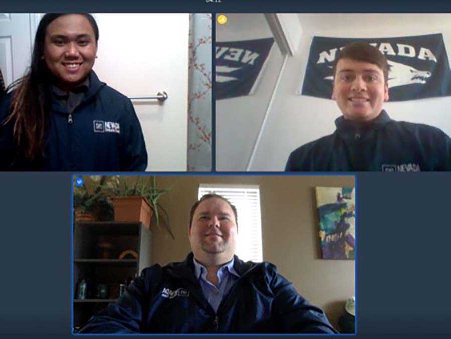 Top left, John Villanueva, top right, Nickie Moore, and bottom middle, Phil Sharp pose for a screenshot after the online presentation of awards for the festival finals of the National Online Forensics tournament. 