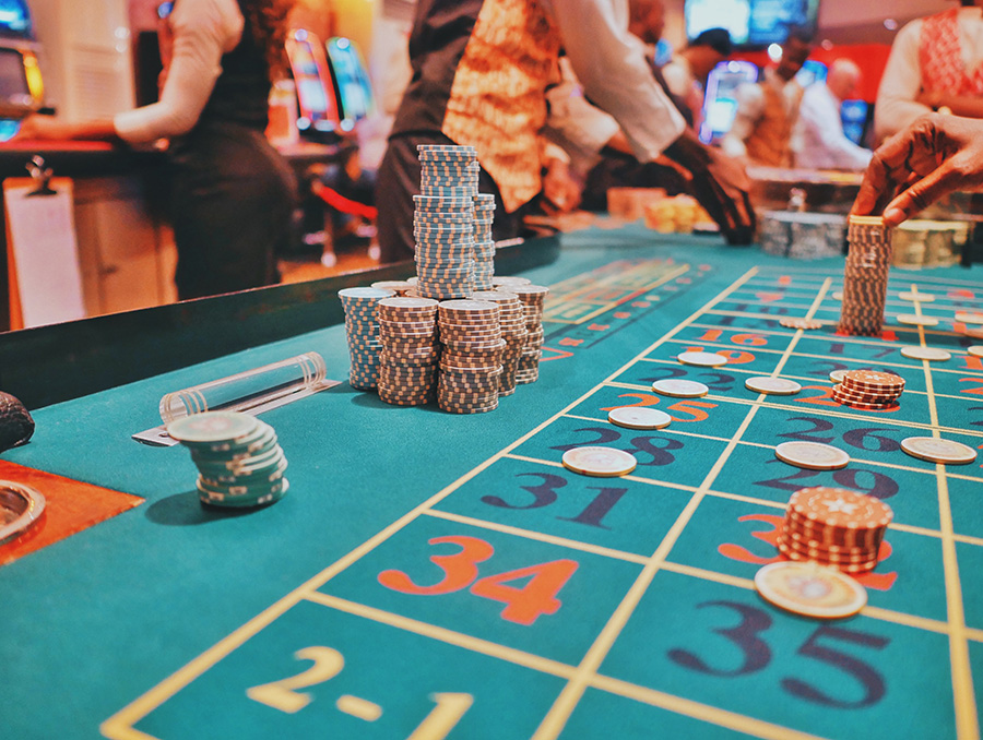 Poker chips on a casino table. 