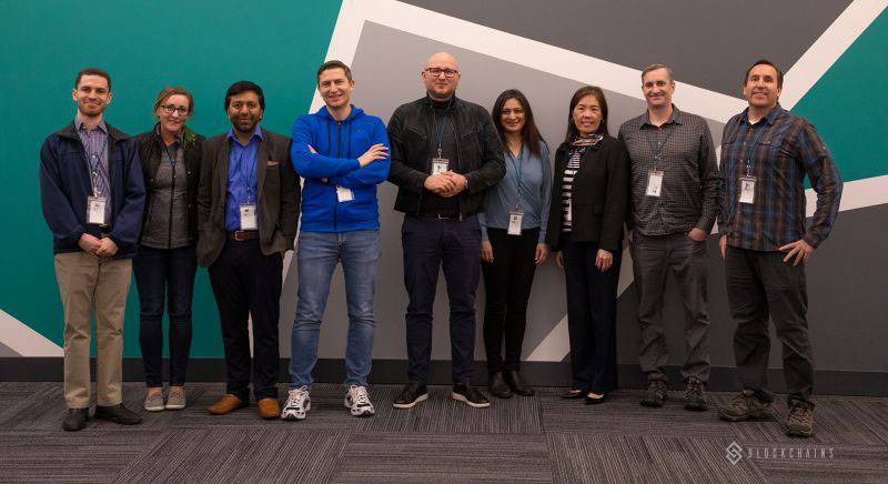 In group photo are (L-R) Tal Shechtman (ChainStor), Meg VanDeventer (Blockchains), Ismail Malik (ChainStor), Krzysztof Radecki and Przemek Szleter (REXS.IO), Vandana Taxali (Artcryption), Grace Chou (Innevation Center), and Dave and Gary Spitsen (Building Bloc).