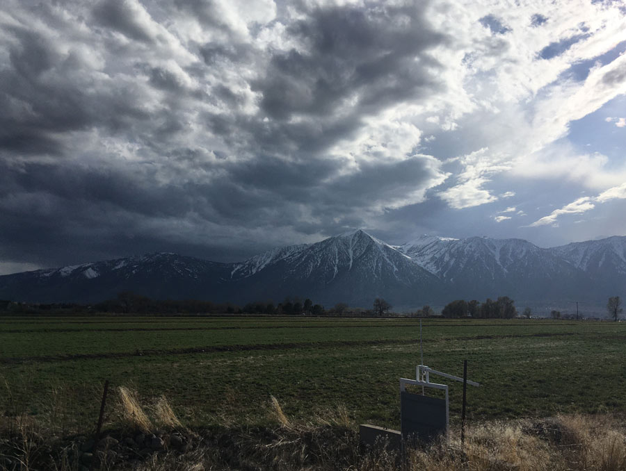 Jobs peak behind a ranch with a storm coming in