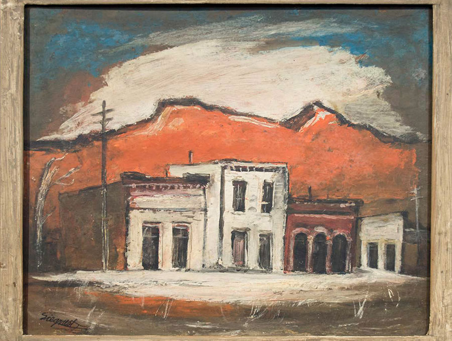 Oil painting in wooden frame of old buildings on a street