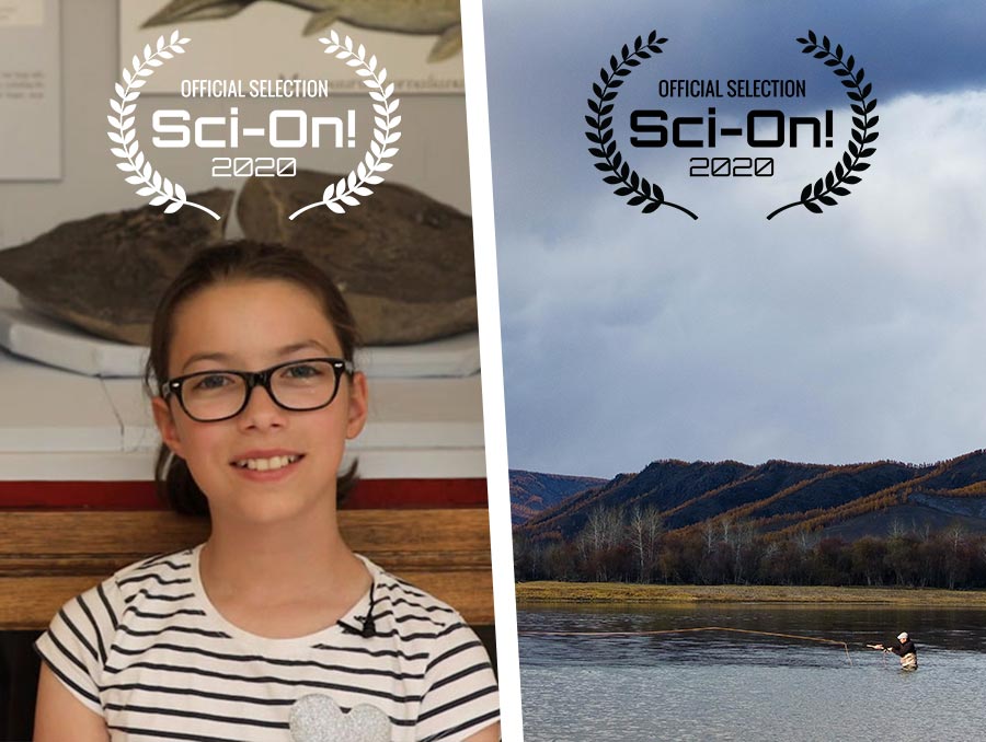 Split screen showing screen grab of a young girl (left) and a man flyfishing (right) both with Sci-On Official Selection laurels overlain on the images.