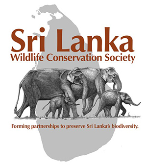 The Sri Lanka Wildlife Conservation Society logo pictured with a herd of elephants in front of the country Sri Lanka with the words forming partnerships to preserve Sri Lanka's biodiversity