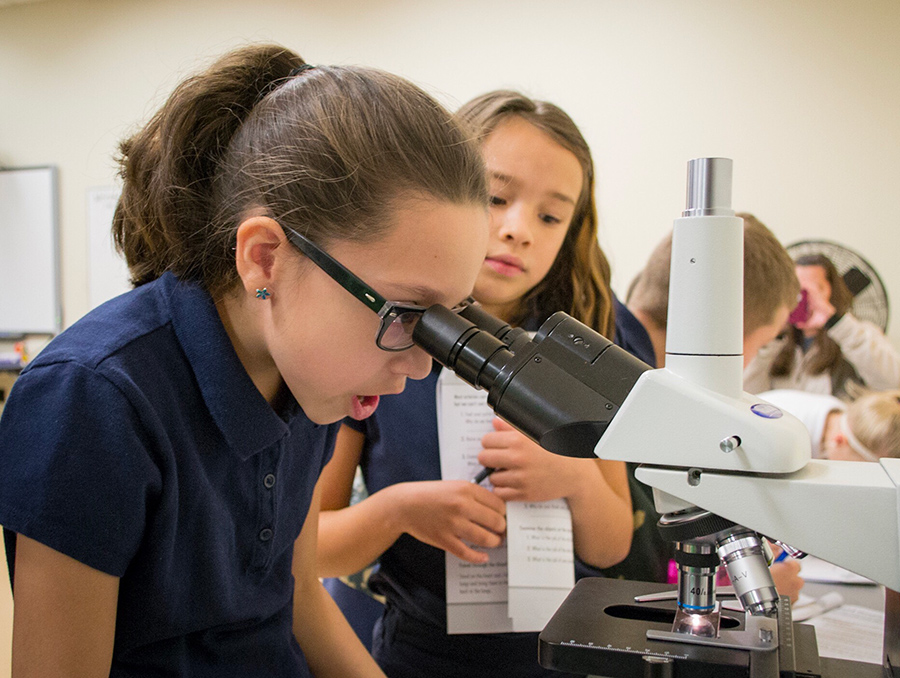 Young student looking into a microscope with others in line
