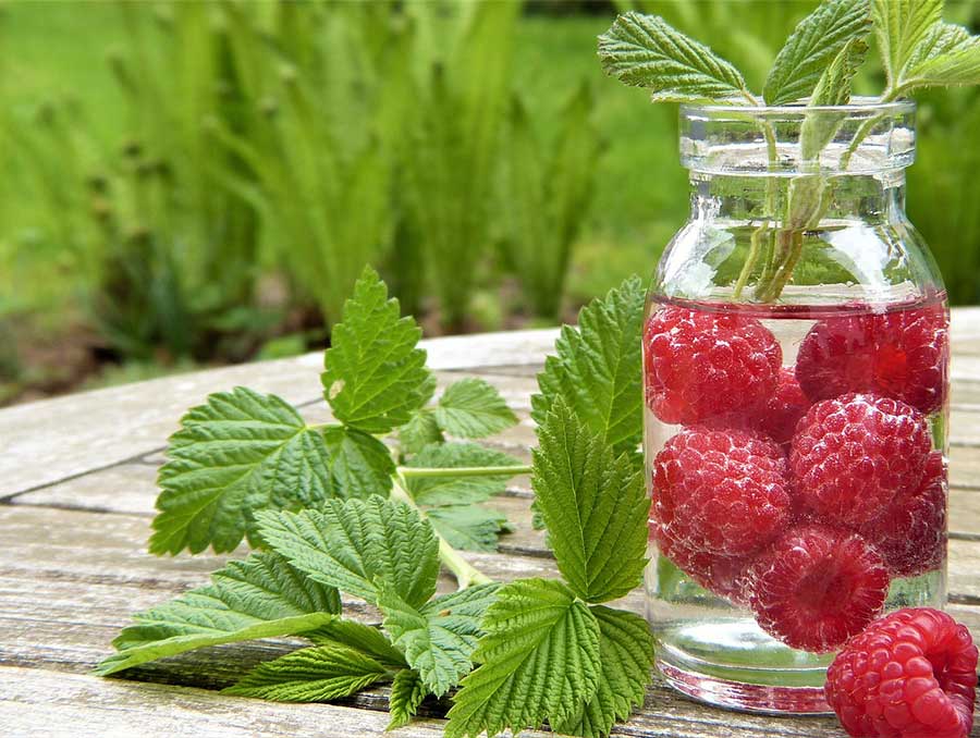 A glass of homemade raspberry flavored water with green garnish