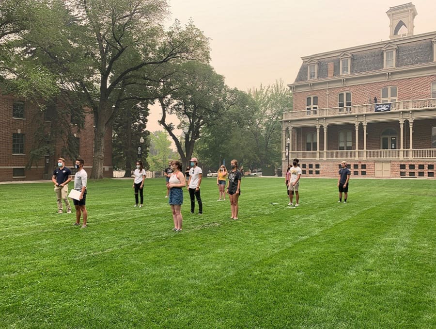 First-year students participating in a socially distanced event on the Quad