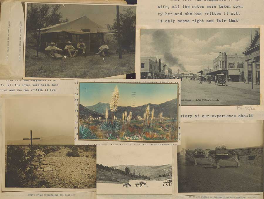 A collage of five images from the 1000 Miles of Desert and Mountain Diaries. Images included show four people sitting outside of a rustic tent; scenes from the landscape; a scene of a main street in Las Vegas; and an image of two burros wearing packs.