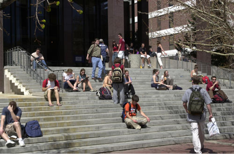 Several students sitting on the stairs in front f a library building