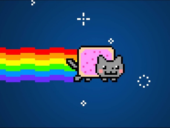 The Nyan Cat, half cat and half Pop-Tart, zooming through space leaving a rainbow in its wake