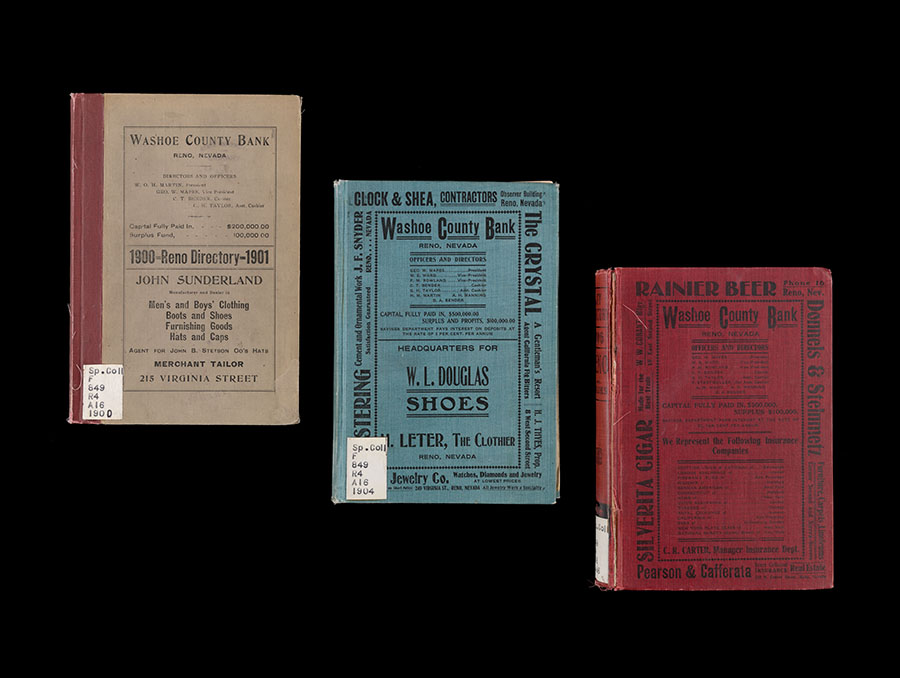 An image of three city directories for years 1900, 1904, and 1906. The covers of the directories contain various local business advertisements.