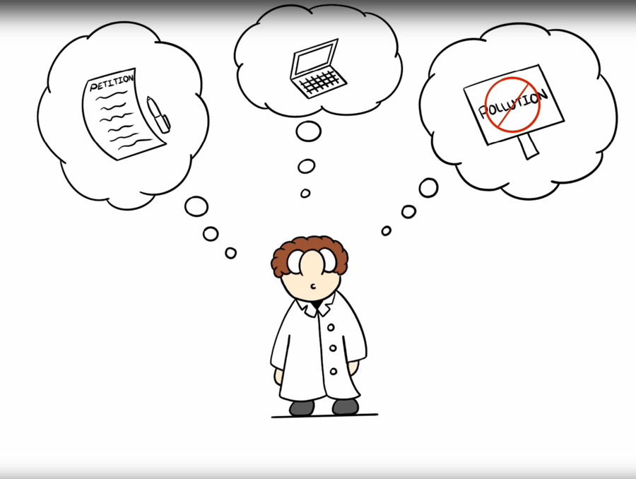 Cartoon illustration of a scientist in a lab coat with three thought bubbles above his head.