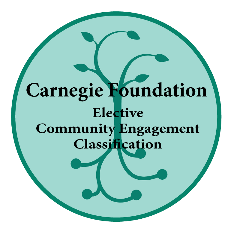 Carnegie Foundation Elective Community Engagement Classification logo with the preceding words over a tree with roots