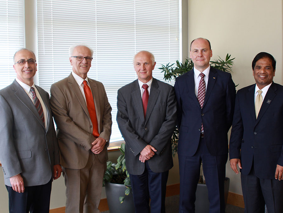 From left to right: Ahmad Itani, associate vice president for research; Manos Maragakis, dean of the College of Engineering; Janusz Karwot, president of Rybnik Water Company; Jan Bondaruk, deputy director of Central Mining Institute; and Krishna Pagilla, director of the Nevada Water Innovation Institute, chair and professor of environmental engineering.