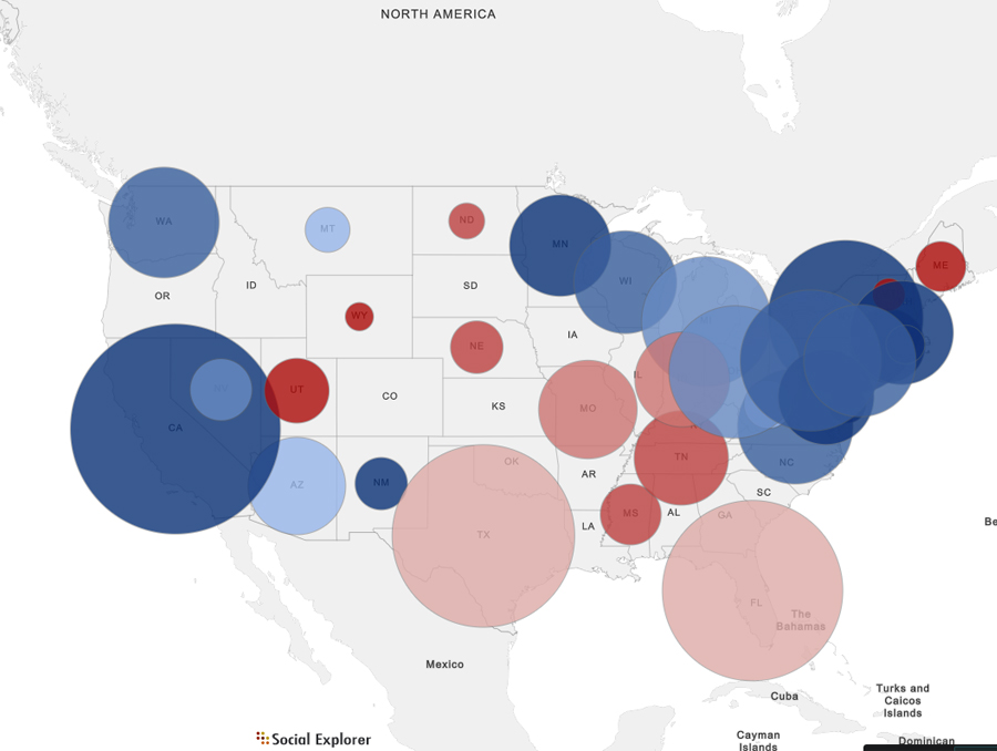 Screenshot of a Social Explorer data map that captures the U.S. senatorial elections by party in 2019. The Democrats are marked by the blue dots, and Republicans are the red dots.