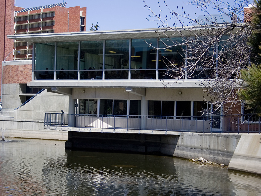 The Jot Travis Building in front of Manzanita Lake on the University of Nevada, Reno campus