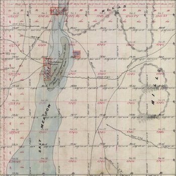 A portion of the Township No. 13 North, Range No. 47 East plat map, showing hand-colored salt flats and features of the desert landscape.