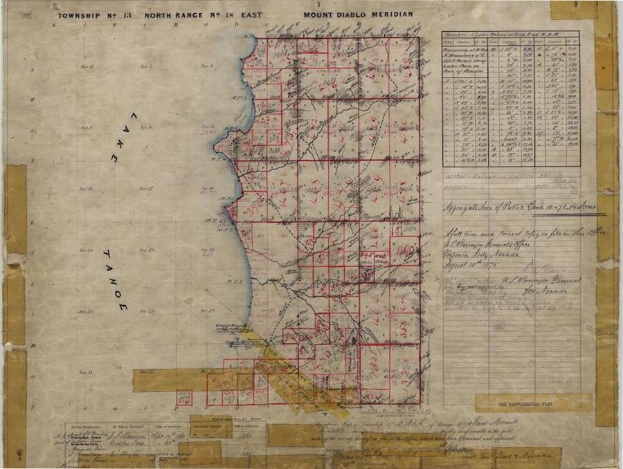 An image of a map including part of the shore of Lake Tahoe. The map features plat delineations and numerous handwritten annotations.