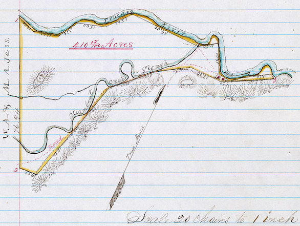 A hand-drawn plat of survey that includes the Truckee River, which appears on page 112 of “Liens and Miscellaneous Book A, Part 1."