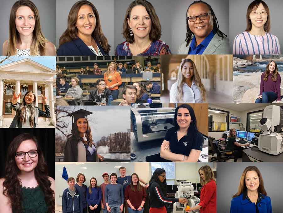 A collage of photos of Emily Hand, Maryam Raeeszadeh-Sarmazdeh, Keri Ryan, Kelly Cross, Feifei Fan, Steffany Yang, Ann-Marie Vollstedt, Valeria Nava, Lauren Mazurowski, Megan Higley, Michelle Falcon Mujica, Rebecca Histed, Cayla Harvey, Emily Hand and her research team, Eloisa Burton and Janelle Blankenburg, and Carolyn Barbash. 