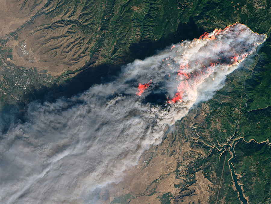 Satellite imagery of a plume of smoke covering a vast swathe of California