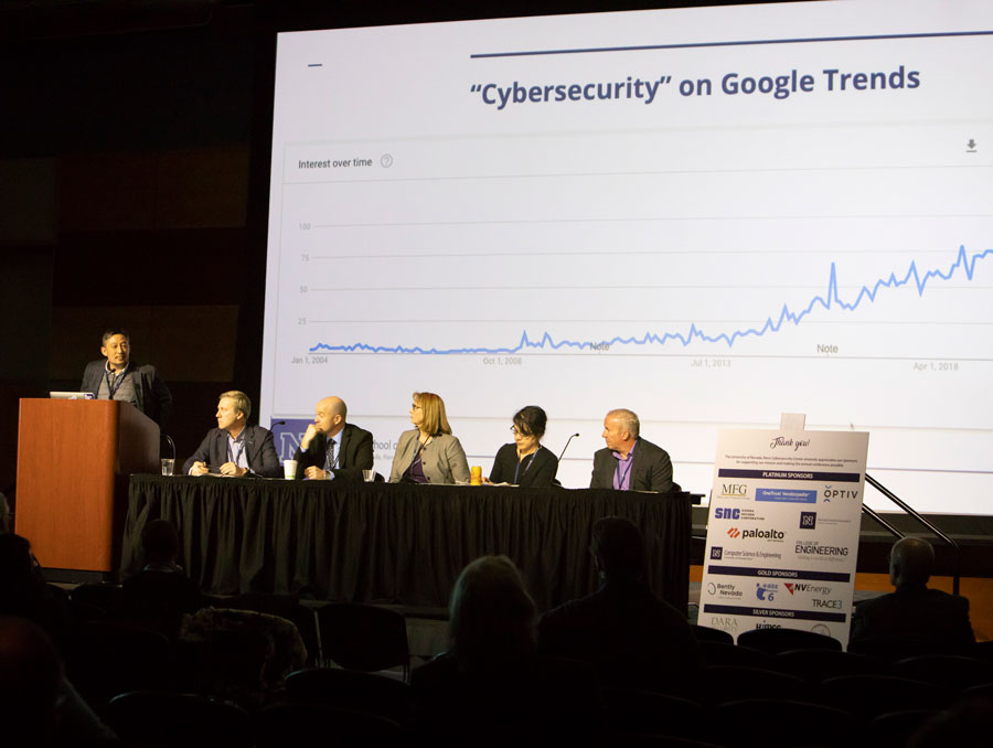 A panel of speakers sit in front of a presentation with a graph on it.