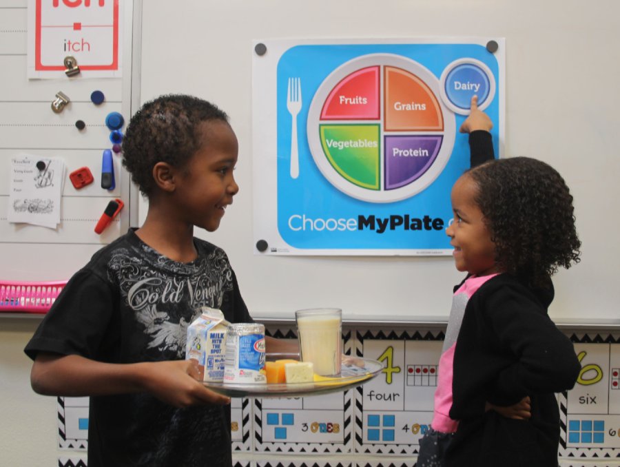 Boy holding plate of dairy while girl points to dairy section of MyPlate graphic