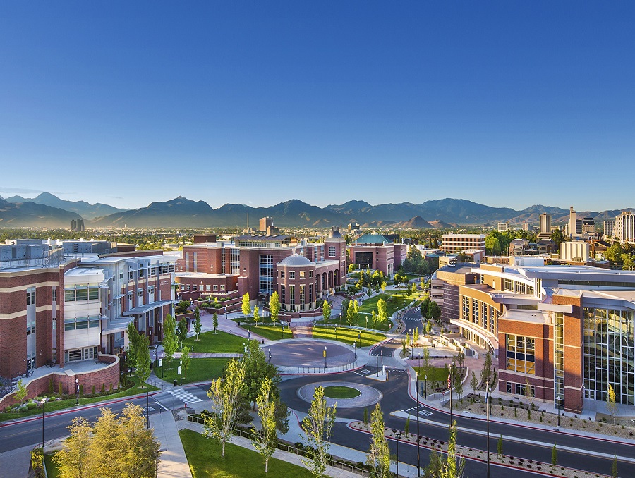 A view of campus looking south from the top of Lawlor Events Center