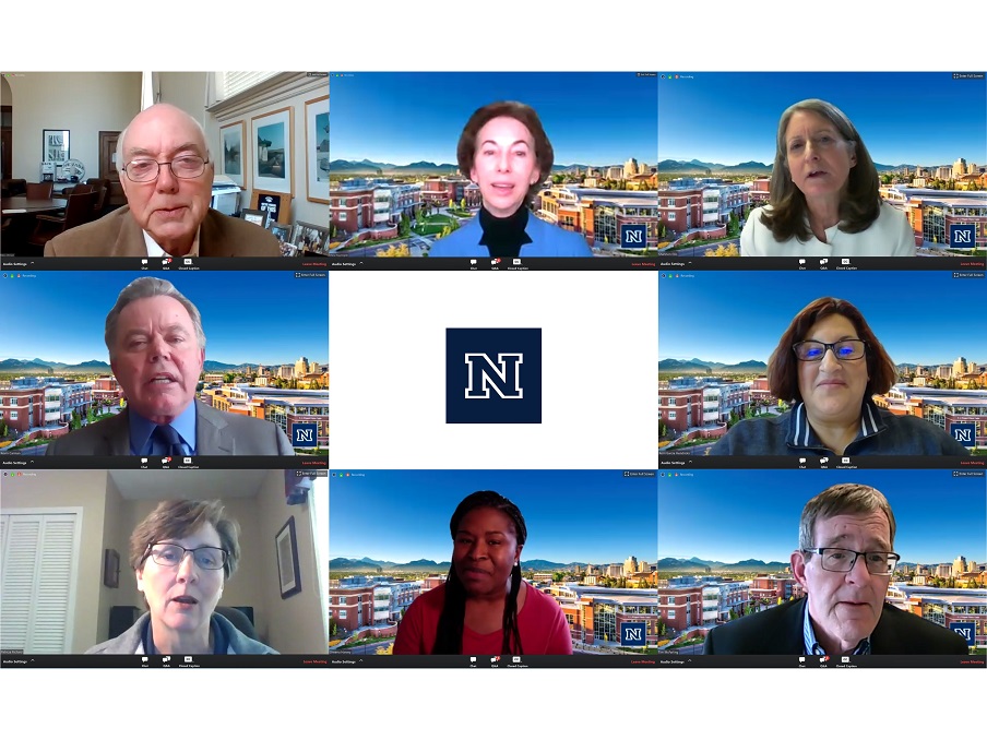 All of the panelist from the town hall meeting. Top row, left to right: President Marc Johnson, Student Health Center Director Cheryl Hug-English, Vice President for Student Services Shannon Ellis. Middle row: Executive Vice President and Provost Kevin Carmen, the block N logo, Interim Executive Director of Marketing and Communication Kerri Garcia. Bottom row: Chief of Staff & Assistant Vice President of Constituent Relations Patricia Richard, Associate Director of Fitness and Recreational Sports Sheena Harvey, Associate Vice President of Department of Human Resources Tim McFarling