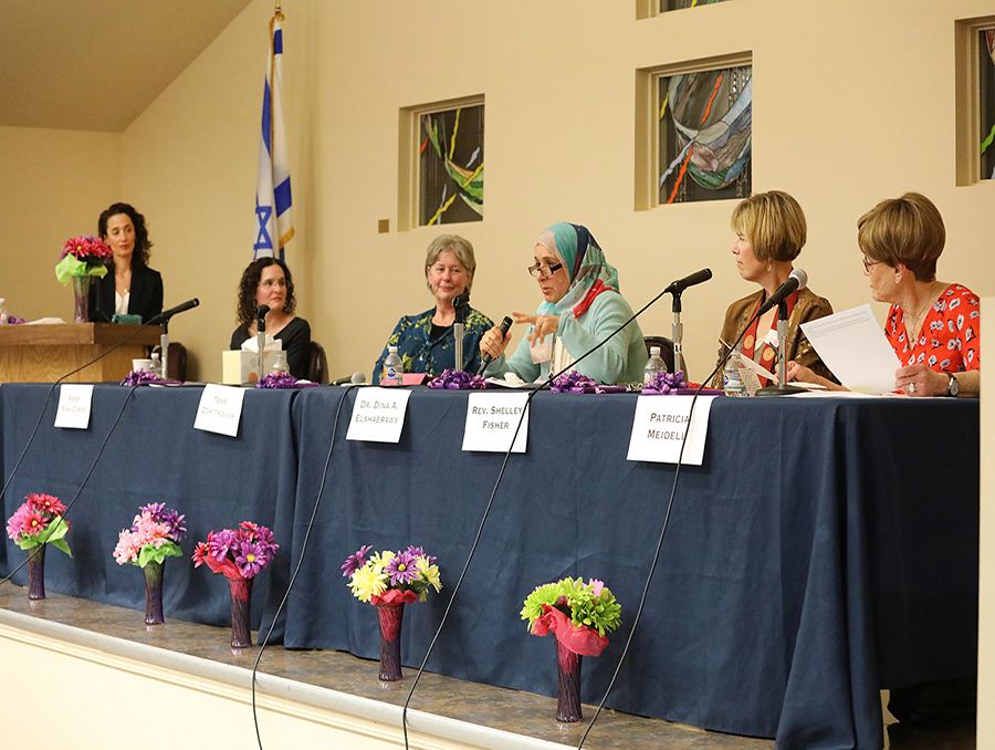 The panel of women pictured left to right: Erin Stiles, Rabbi Sara Zober, Terri Domitrovich, Dina A. Elshabrawy, Reverend Shelley Fisher, Patricia Meidell