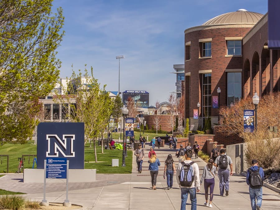 Students walk on the university campus.