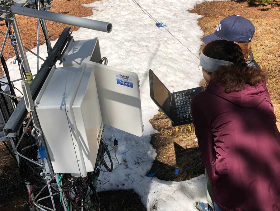 Two women testing data collection equipment in the forest