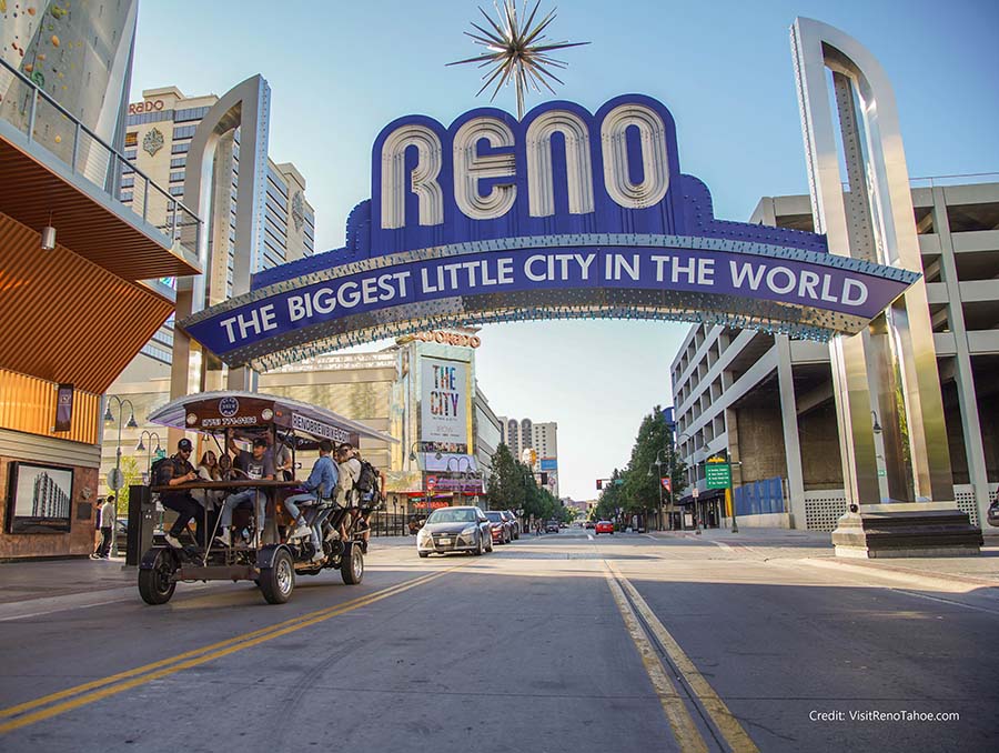 The Downtown Reno arch and Reno Brew Bike. Credit VisitRenoTahoe.com