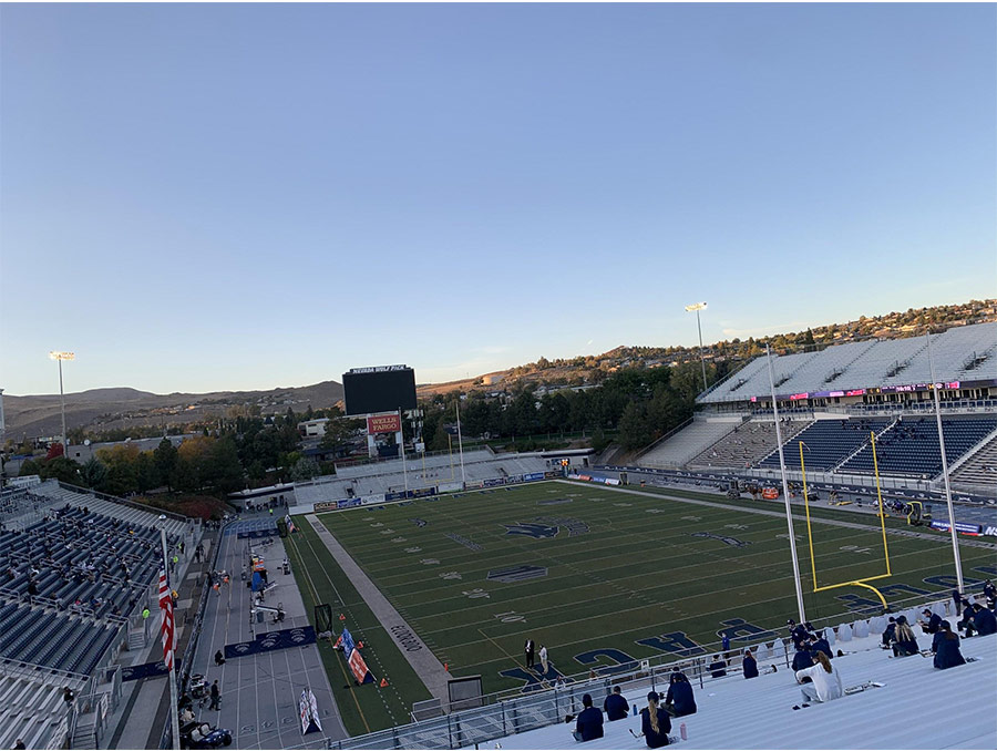 Partial aerial view of the rather empty Mackay Stadium during a game in October 2020