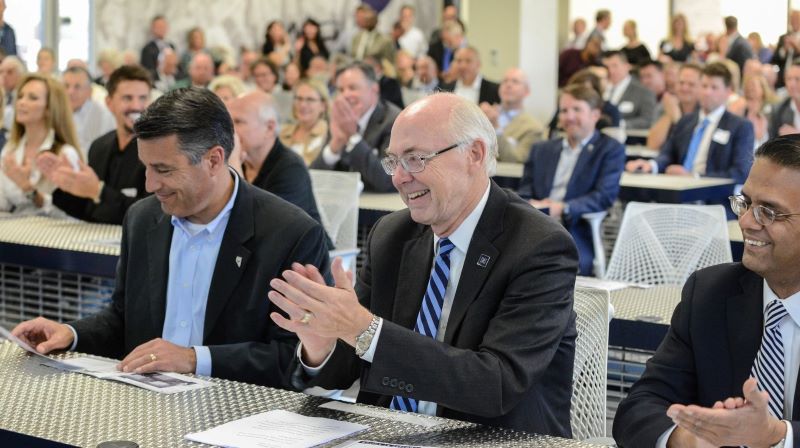 Then-Governor Brian Sandoval, University President Marc Johnson and Vice President for Research and Innovation Mridul Gautam in the audience at the Innevation Center's opening