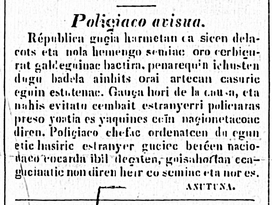 First press advertisement written in Basque in the Americas as published by the Le Messager Français of Montevideo. Transcription below/right.