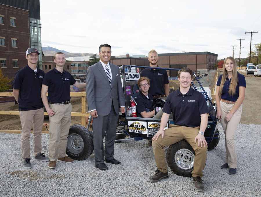 Brian Sandoval with Wolf Pack Racing team at site of the groundbreaking for the William N. Pennington Engineering Building