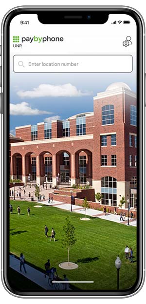 A screenshot of the paybyphone app with the University of Nevada, Reno's Mathewson-IGT Knowledge Center building pictured.
