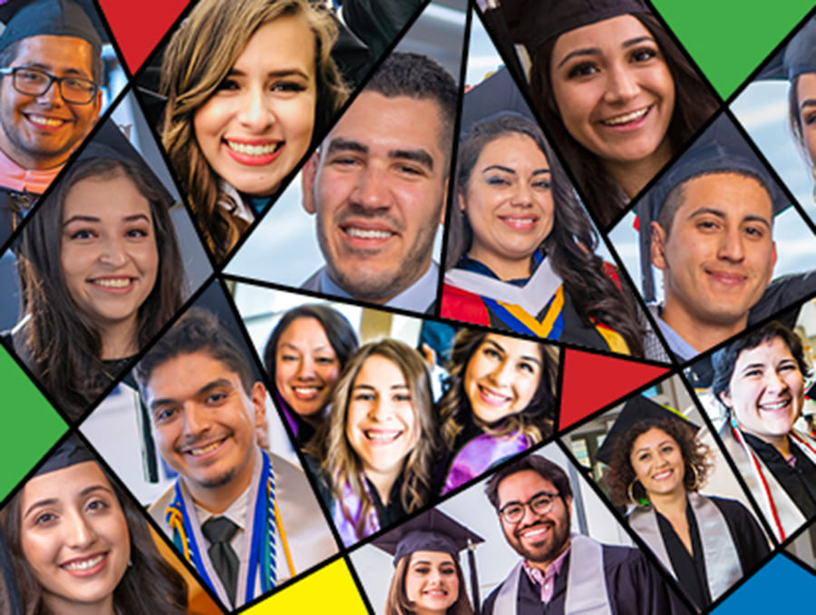A geometric collage of Latinx graduates