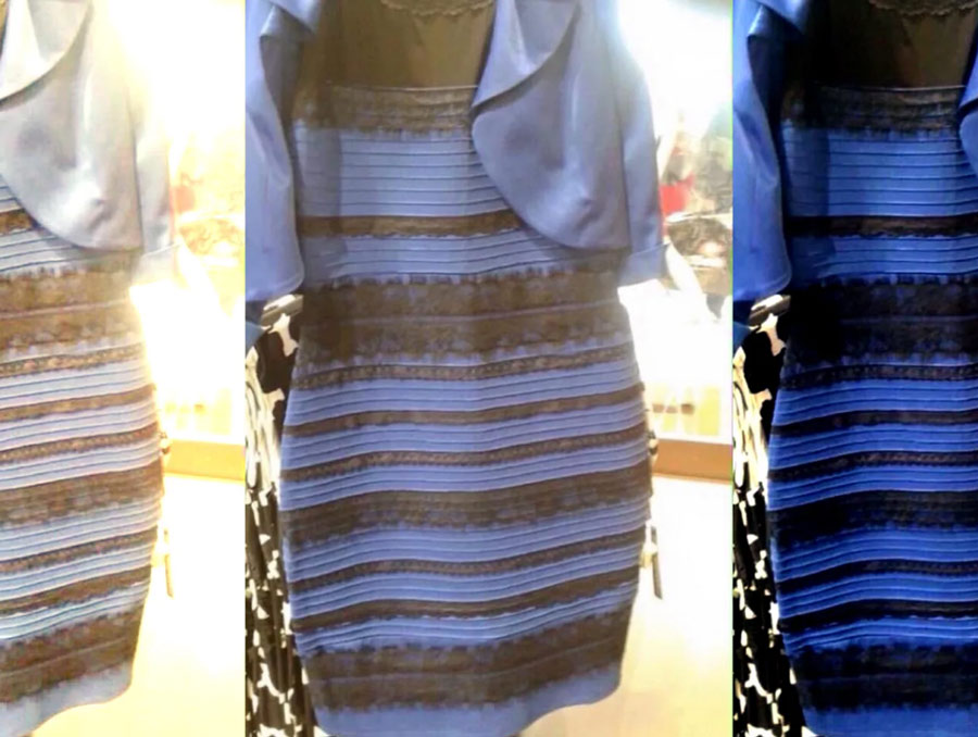 Compilation image of a striped dress that sparked debate on the internet over it's color.