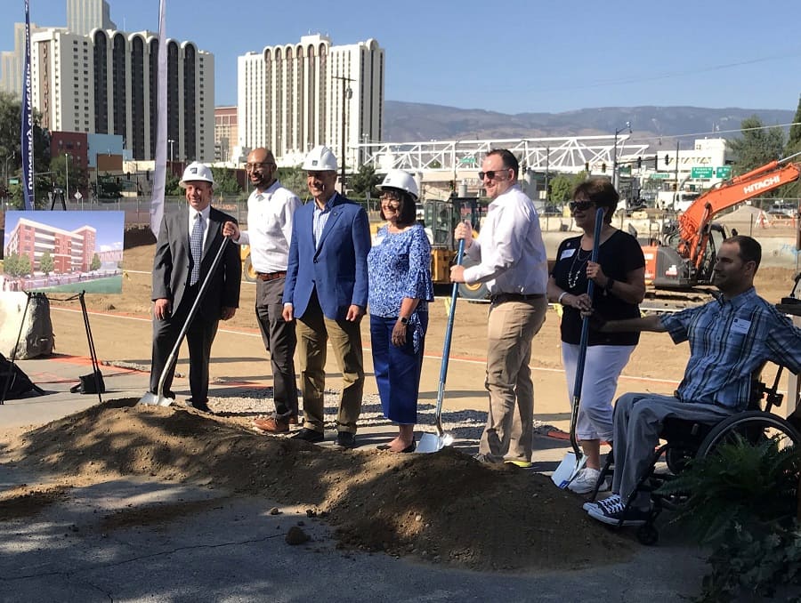 From left to right: University Vice President for Administration & Finance Vic Redding; Reno City Councilmember, Ward 3, Oscar Delgado; University President Brian Sandoval; Regent and NSHE Board of Regents Chair Cathy McAdoo; At-Large Reno City Councilmember Devon Reese; Regent Carol Del Carlo; Regent Joseph Arrascada